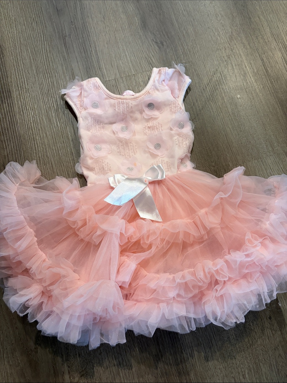 Pink Ruffled Tulle Princess Dress with Satin Bow